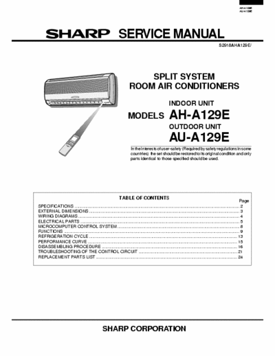 sharp AH-A129e service manual for split